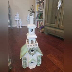 Decorative White and  Sage Green Wooden Birdhouse Accent. Wood And Tall